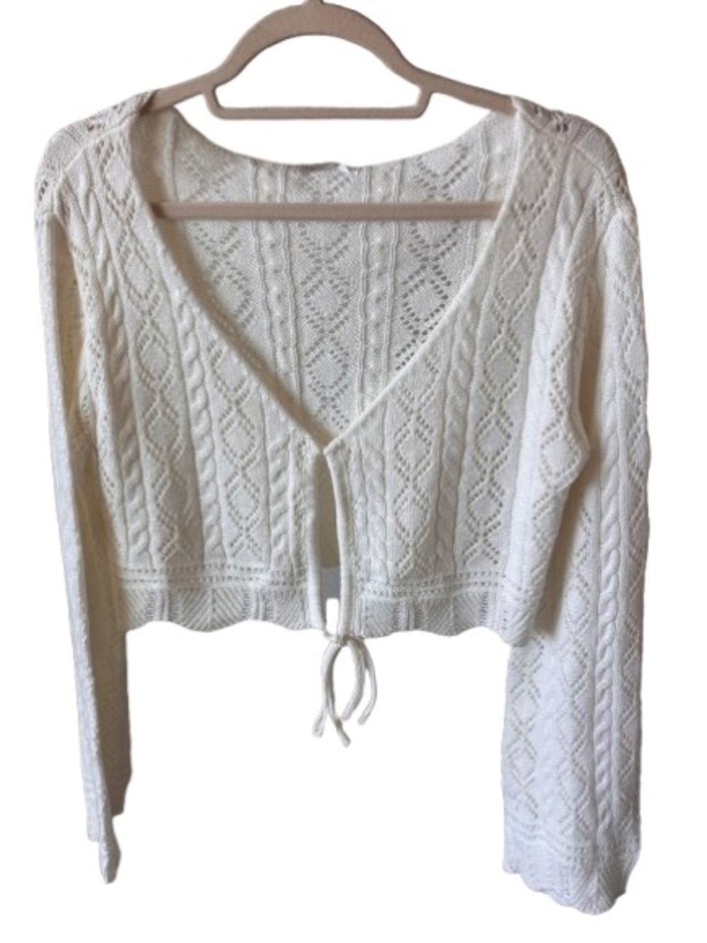 Magnolia Boutique Cream Open-Knit Tie-Front Summer Sweater Size M